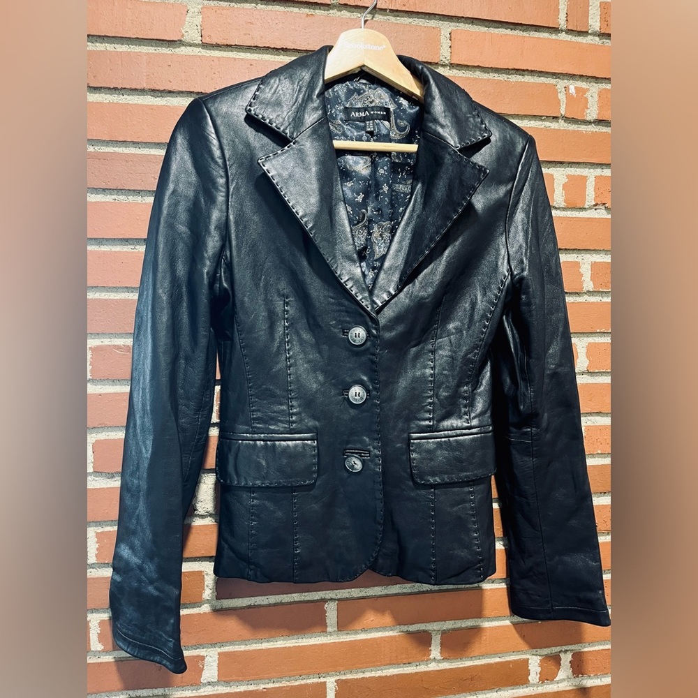 Arma Real Black Leather Jacket with Buttons and Pockets, Sheep Leather, Small
